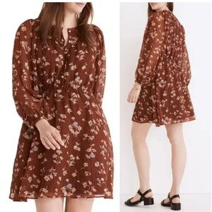 Madewell Norma Rae Floral Printed Long Sleeve Mini Dress Dark Merlot